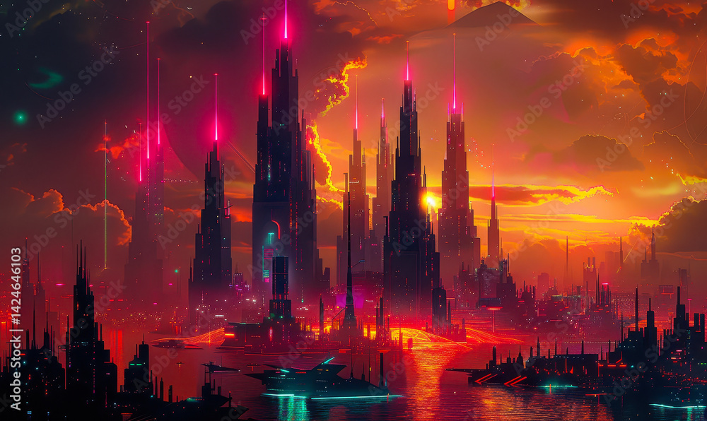 Futuristic Dystopian Metropolis at Sunrise with Glowing Skyscrapers and Advanced Technology, Moody Atmosphere, and Mystical Orange and Purple Sky
