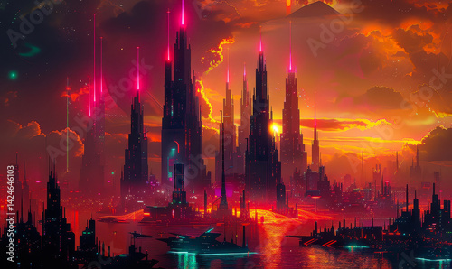 Obraz na płótnie Futuristic Dystopian Metropolis at Sunrise with Glowing Skyscrapers and Advanced Technology, Moody Atmosphere, and Mystical Orange and Purple Sky w salonie