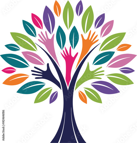 Colorful abstract logo design, stylized tree with hands as trunk, vibrant green leaves (2).eps, Colorful abstract logo design, stylized tree with hands as trunk, vibrant green leaves