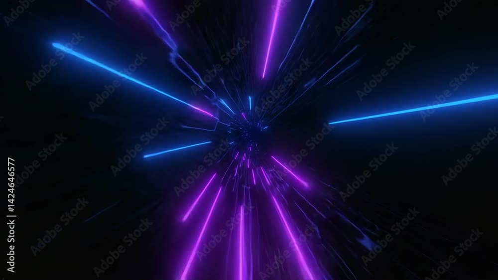 Futuristic neon light beams in purple and blue colors radiating through a dark tunnel, creating sci-fi warp speed or hyperspace travel effect, perfect for technology, digital space themes background.