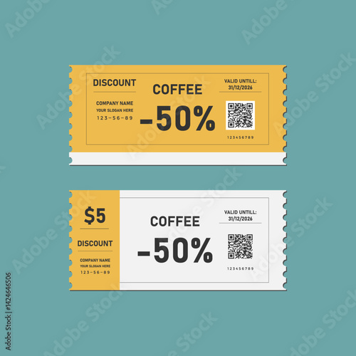 Vector illustration of two coupons for a 50% discount on coffee with a QR code. The coupons have space for your company logo, slogan. The inscription "valid until"