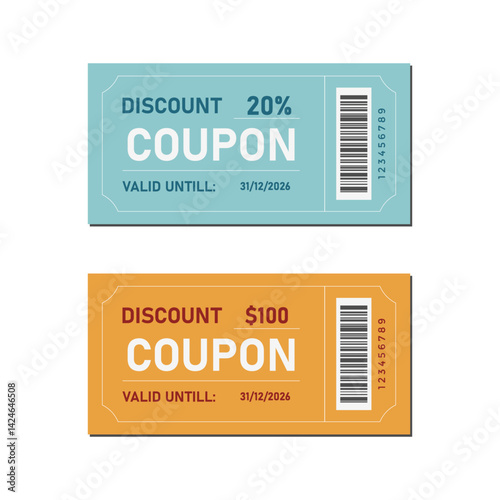 Two vector discount coupons - percentage and fixed amount. Illustration of two bright coupons with different discount system and barcode, suitable for stores, promotions and promo campaigns.