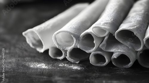 A monochrome-style photo of cannelloni pasta, emphasizing structure and texture.