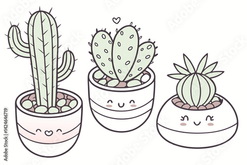 56 Miniature succulent cactus collection, Pastel ceramic pots, Cute tiny plants, Minimalist decor, Soft color palette, Variety of cactus shapes, Rounded pebble-like planters, Botanical illustration st