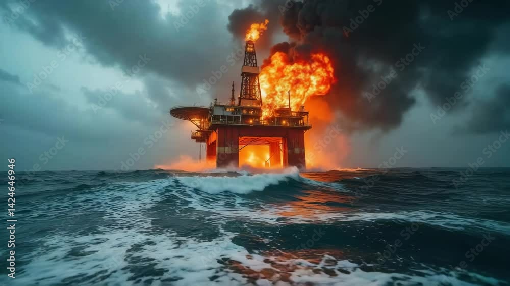 Oil Rig Burn environmental disaster of Oil rig burning intensely against a stormy ...