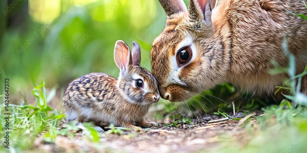Fototapeta premium baby rabbit with adult bunny