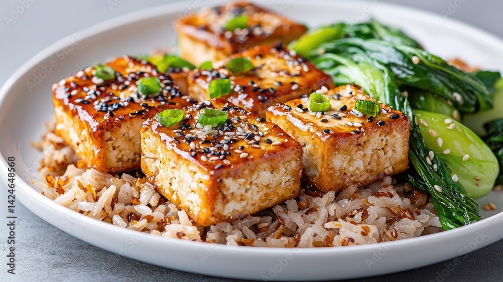Tofu cubes with rice and bok choy Tofu cubes with rice and bok choy