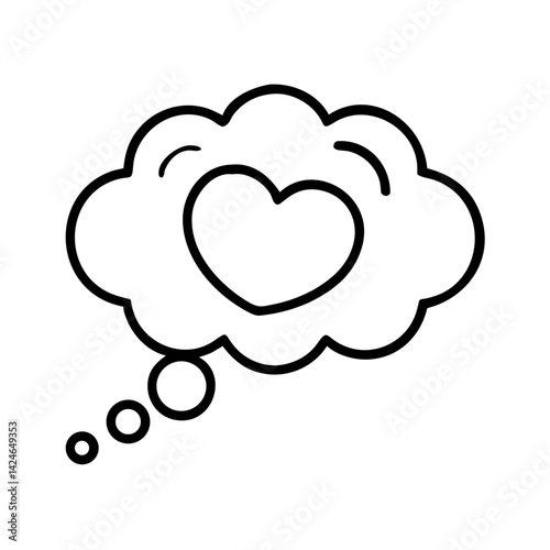 minimalist line icon of thought cloud with heart symbol inside, conceptual love emotion, daydreaming affection outline, black contour vector art
