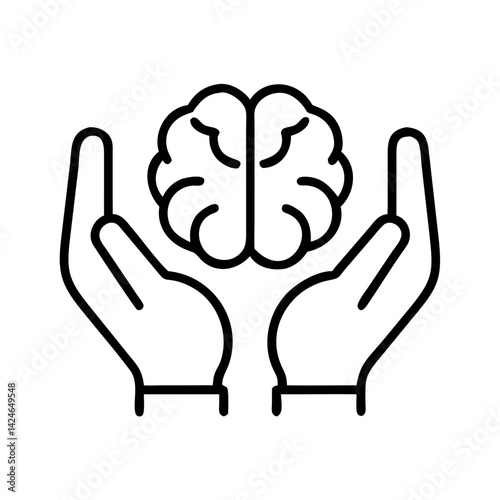 outline vector icon of brain in protective hands, mental health care concept, minimalist black line symbol, psychological support illustration
