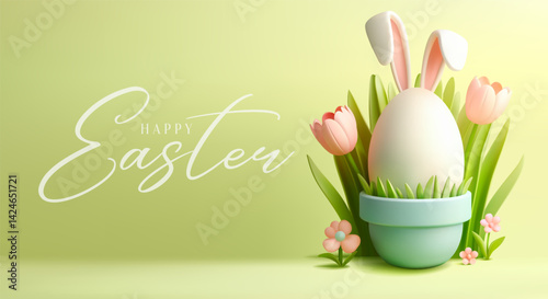 Happy Easter Holiday design, Egg with Bunny Ears, Spring Flower. Festive Easter banner. Easter Illustration, greetings, poster, flyer. Egg Hunt. Modern Minimalist 3D Easter card. Pastel background