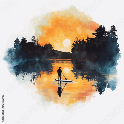 Sunset paddleboarding across a quiet lake, watercolor illustration, isolated on a white background.

