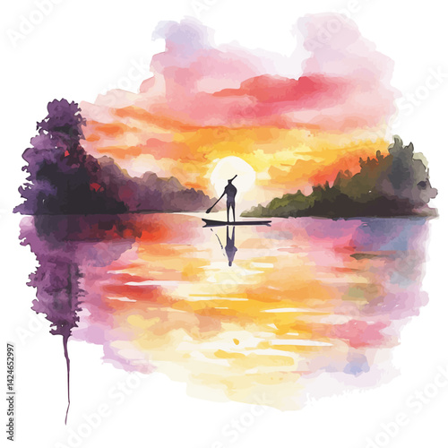 Sunset paddleboarding across a quiet lake, watercolor illustration, isolated on a white background.

