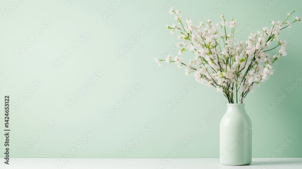 A white vase with delicate white flowers on a minimalist mint green background, simple and elegant composition, and serene home decor concept. A white vase with delicate white flowers on a minimalist mint green background, simple and elegant composition, and serene home decor concept.