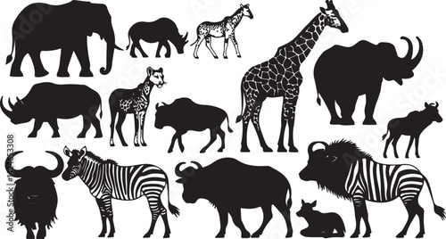 A black vector silhouette collection features wild animals like elephant, tiger, lion, and deer alongside farm animals such as horse and cow, an illustration set representing nature and wildlife