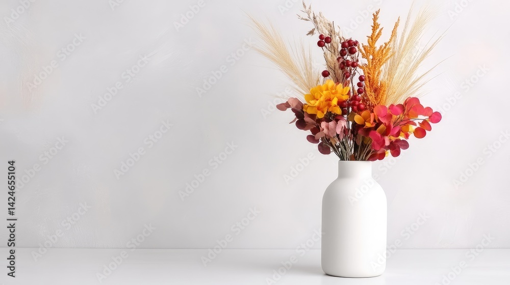 A white ceramic vase holding a vibrant bouquet of dried flowers and grasses, standing on a clean white surface, and minimalist home decor concept. A white ceramic vase holding a vibrant bouquet of dried flowers and grasses, standing on a clean white surface, and minimalist home decor concept.