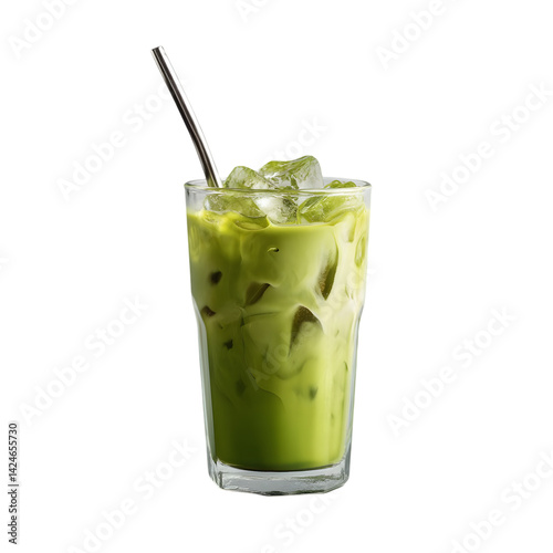 Iced matcha latte in glass with straw isolated die cut 