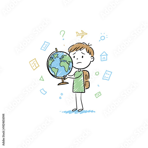 Boy holding globe with travel worries, against a doodle background  