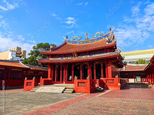 Vibrant Red Walls and Ornate Roof of Historic Tainan Confucius Temple