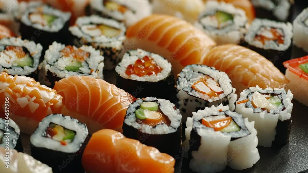 close-up shot filled with assorted sushi rolls, different types, frame completely covered, vibrant colors, Japanese cuisine, appetizing look close-up shot filled with assorted sushi rolls, different types, frame completely covered, vibrant colors, Japanese cuisine, appetizing look