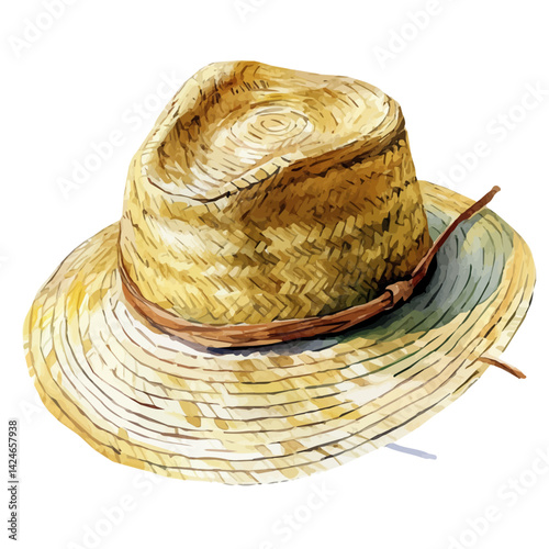 Summer straw hat, watercolor illustration, isolated on a white background.

