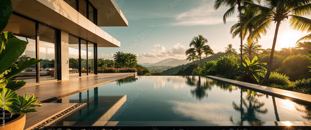 Fototapeta premium Modern Luxury Villa with Pool and Lush Landscaping