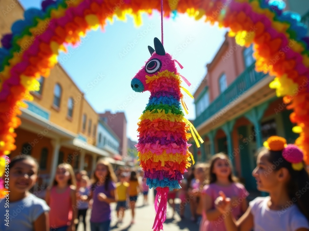 A vibrant Pinata adorned with bright colors hangs under an arch decorated with papel picado. Children excitedly gather around in a festive street celebration.