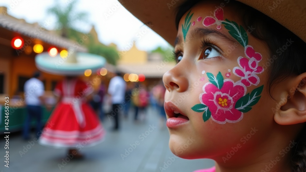 A child with intricate Mexican face paint watches street performers with wide eyes full of amazement, surrounded by a lively festival atmosphere filled with color.