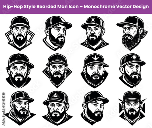 Monochrome Set Bearded Men in Cap Portrait, Hipster Character with Beard and Mustache