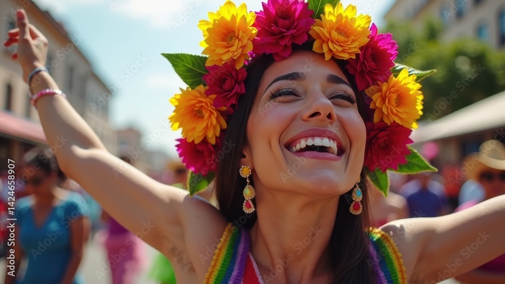 A woman joyfully dances with her arms raised, wearing a colorful floral crown at a lively festival, her expression radiant with pride and happiness.