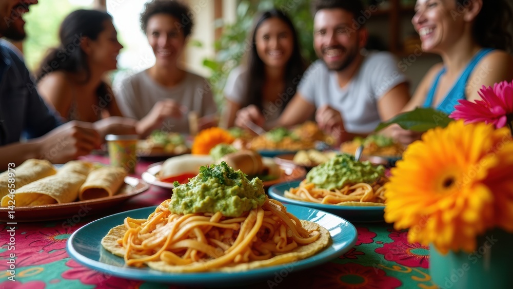 A vibrant table is spread with delicious Mexican offerings like tacos and tamales, while friends engage in lively conversation and enjoy the festive atmosphere.