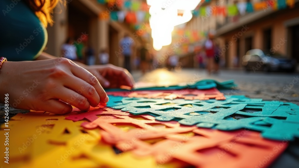 Hands of a woman create papel picado, the colorful flags reflecting sunlight in a lively plaza filled with festive decorations and people enjoying the day.