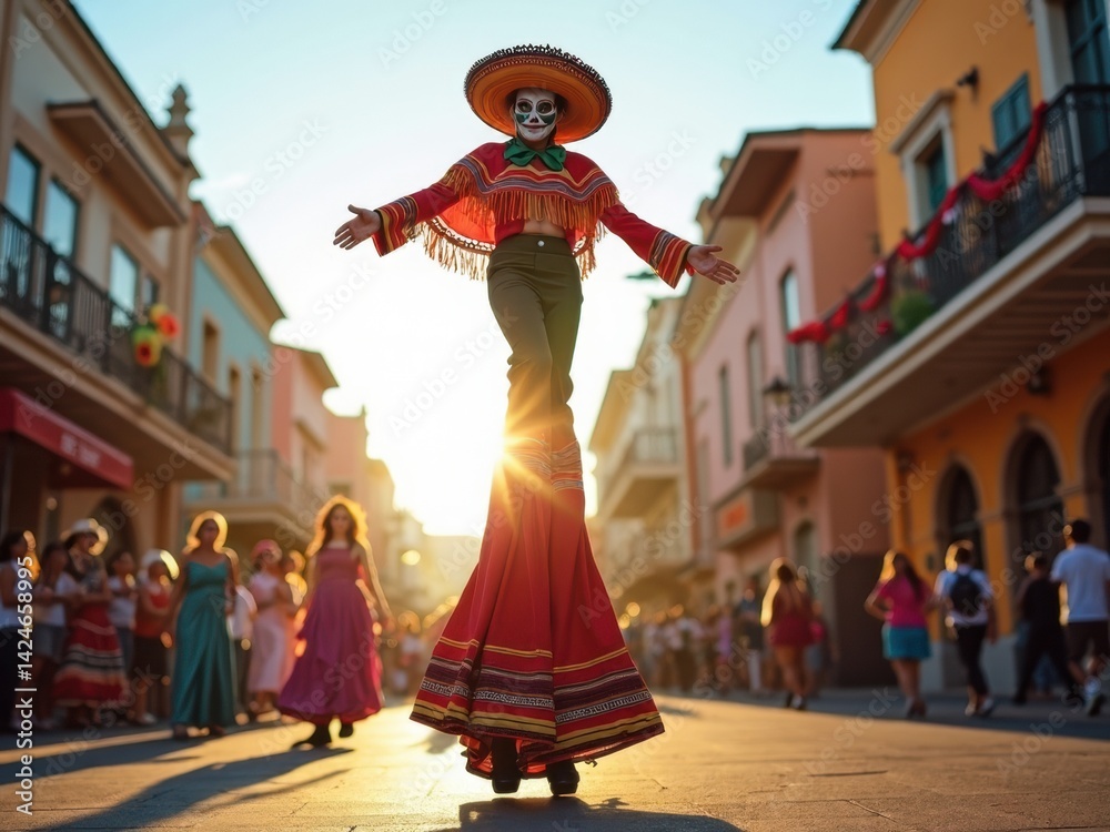A street performer demonstrates impressive balance on stilts, dressed in a vibrant costume under the warm sunlight at a festive event, engaging with onlookers.