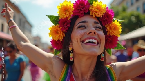 Obraz na płótnie A woman joyfully dances with her arms raised, wearing a colorful floral crown at a lively festival, her expression radiant with pride and happiness. w salonie
