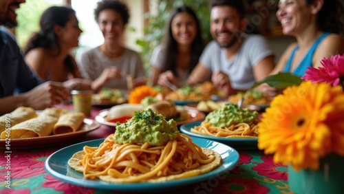 Obraz na płótnie A vibrant table is spread with delicious Mexican offerings like tacos and tamales, while friends engage in lively conversation and enjoy the festive atmosphere. w salonie