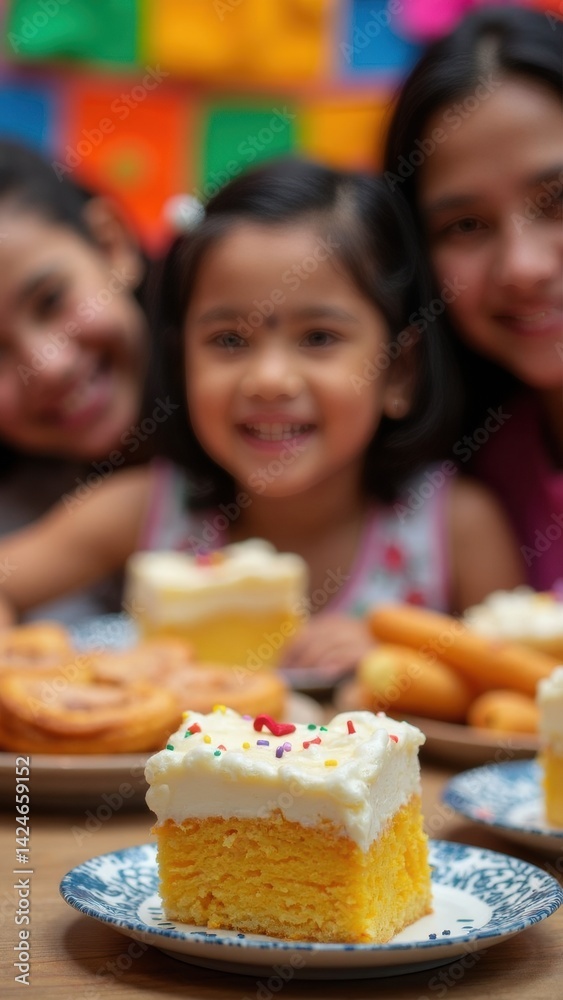Close up of a vibrant table adorned with traditional Mexican desserts like tres leches cake and churros. Children are smiling happily while gathered around the sweets.