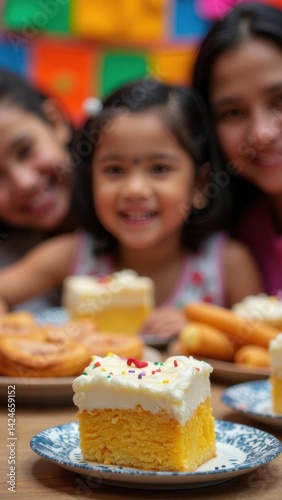 Close up of a vibrant table adorned with traditional Mexican desserts like tres leches cake and churros. Children are smiling happily while gathered around the sweets.