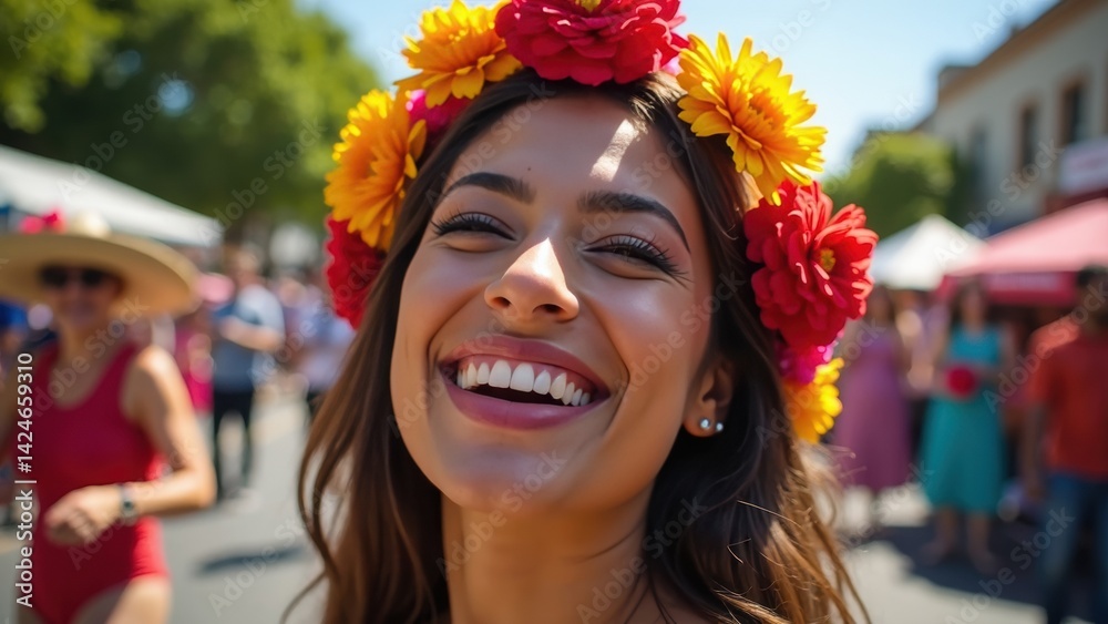 A woman adorned with a traditional Mexican floral crown laughs radiantly while dancing at a vibrant festival, surrounded by colorful decorations and joyful dancers.