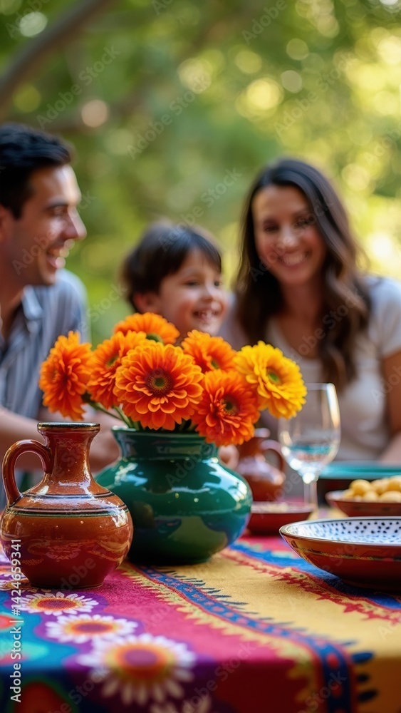 Festive table adorned with vibrant marigold flowers, traditional pottery, and a colorful tablecloth, creating a lively atmosphere for friends enjoying a joyful gathering.