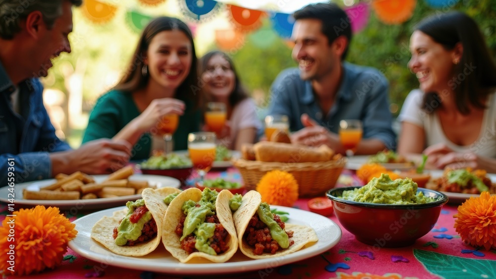Vibrant gathering featuring friends enjoying traditional Mexican dishes like tacos and guacamole, surrounded by festive decorations and drinks in a lively atmosphere.