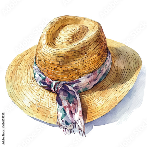 Summer straw hat, watercolor illustration, isolated on a white background.

