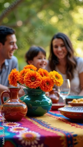 Obraz na płótnie Festive table adorned with vibrant marigold flowers, traditional pottery, and a colorful tablecloth, creating a lively atmosphere for friends enjoying a joyful gathering. w salonie