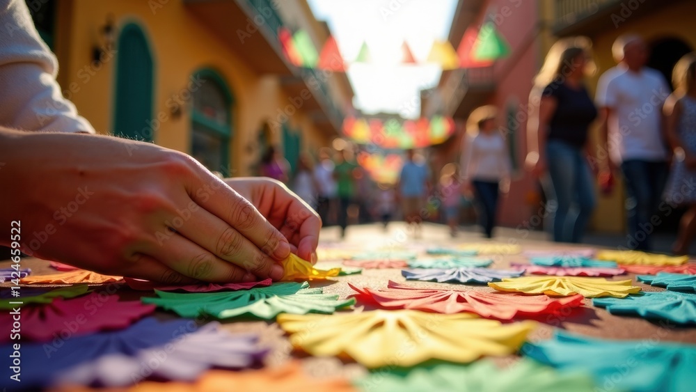 Hands skillfully create papel picado, vibrant flags catching sunlight in a lively street full of people. The atmosphere is festive and artistic.