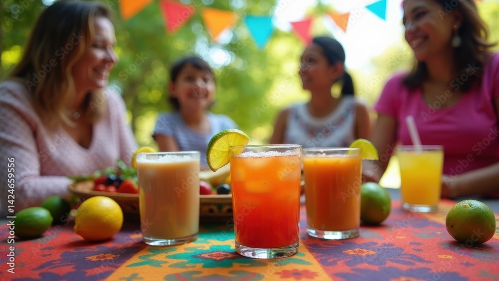 A vibrant outdoor celebration showcases colorful drinks like horchata and agua fresca on a patterned tablecloth, surrounded by laughing friends.