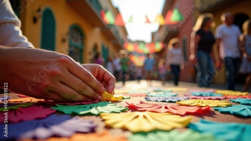 Obraz na płótnie Hands skillfully create papel picado, vibrant flags catching sunlight in a lively street full of people. The atmosphere is festive and artistic. w salonie
