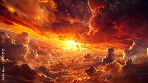cosmic cloudscape, warm orange and red tones, smooth transitions, digital art, cosmic feel, high contrast, rich colors