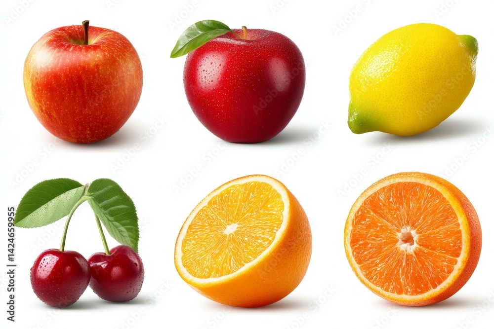 Obraz premium Variety of fresh fruits apples, lemon, cherries, and oranges