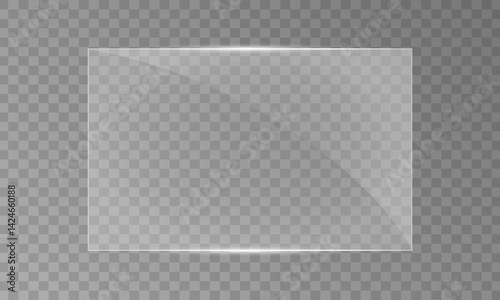 Flat glass plate realistic window mockup light effect for painting or mirror. transparent glass showcase shiny glossy plastic frame with glitter and light 3d texture panel or transparent window.