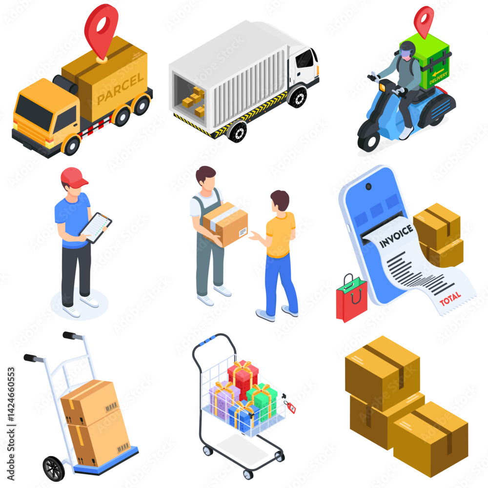Isometric Parcel Delivery and Logistics Icon Set