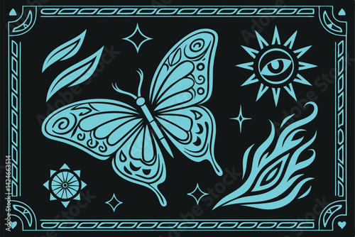 70 Neon blue tribal symbols, glowing cyan tattoo designs, heart shapes, flames, abstract patterns, geometric forms, ornate frame, butterfly, eye motif, star burst, swirls, waves, floral elements, trib