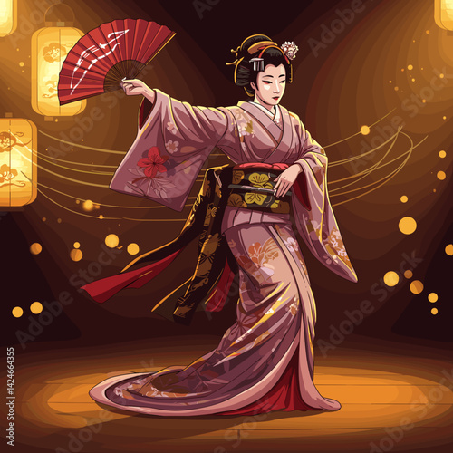 Dancing geisha elegantly holding a fan in a floral kimono with lanterns and warm light background
